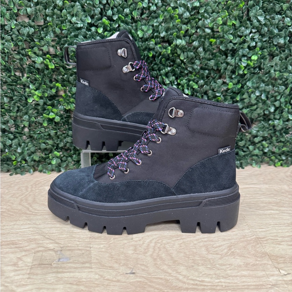 Keds Black Suede & Textile Lug Sole Combat Boots with Multicolor Laces